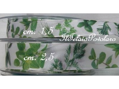 Nastro bianco con erbe aromatiche verdi h. cm.2,5