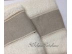 1 - coppia asciugamani  in  spugna beige con bordo lino greggio