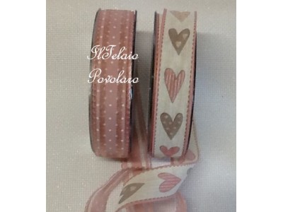 nastro cuori  verticali rosa-tortora su base avorio alto mm. 25