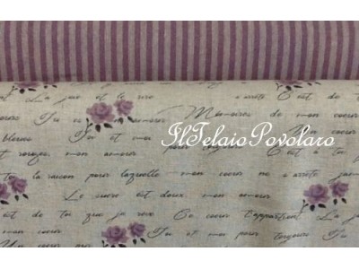 1b Linea shabby misto lino -  base naturale  scitte e roselline viola