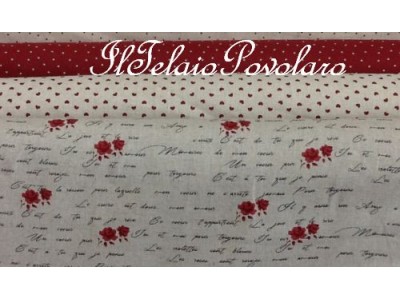 1c Linea shabby misto lino - base naturale scritte e roselline rosso scuro