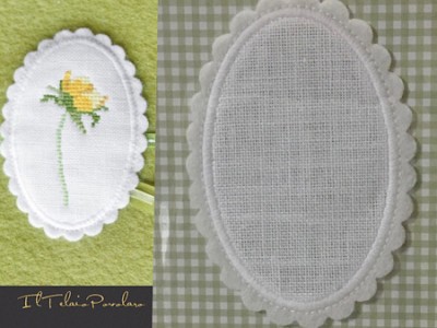 1 - etichetta con cornice ovale 9x6.5 in lino da ricamare