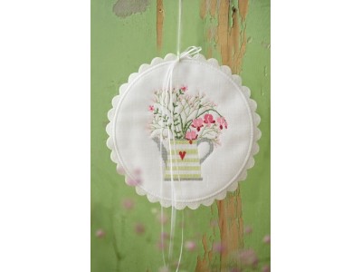 1 - tag in lino bianco da 20 cm. con cornice rotonda