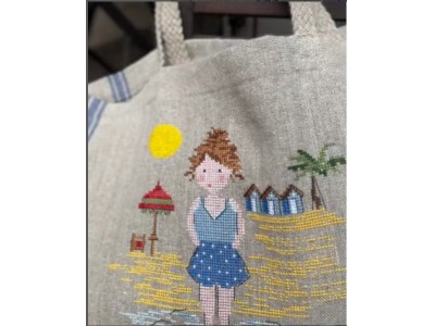 borsa in lino naturale con righe blu -